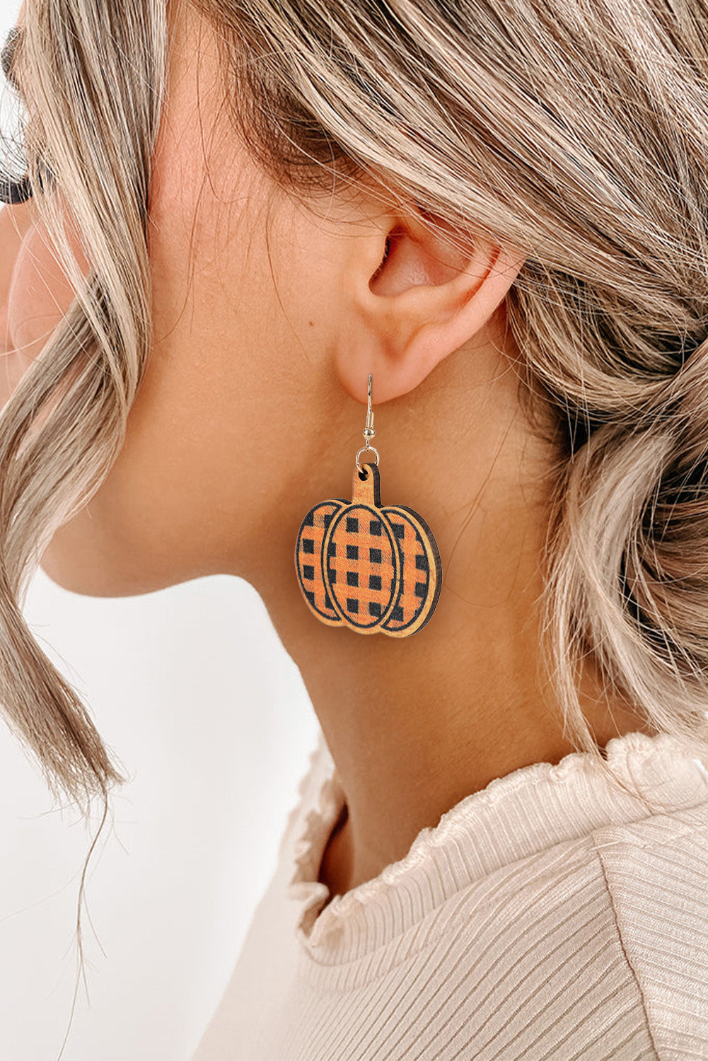 Plaid Print Pumpkin Shape Halloween Drop Earrings | Russet Orange