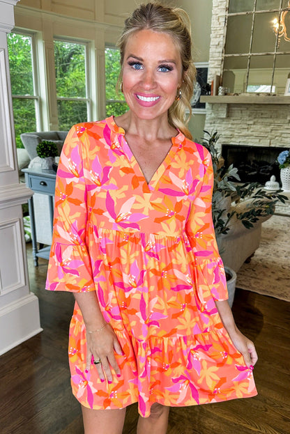 Abstract Print Ruffled Sleeve V Neck Dress | Orange