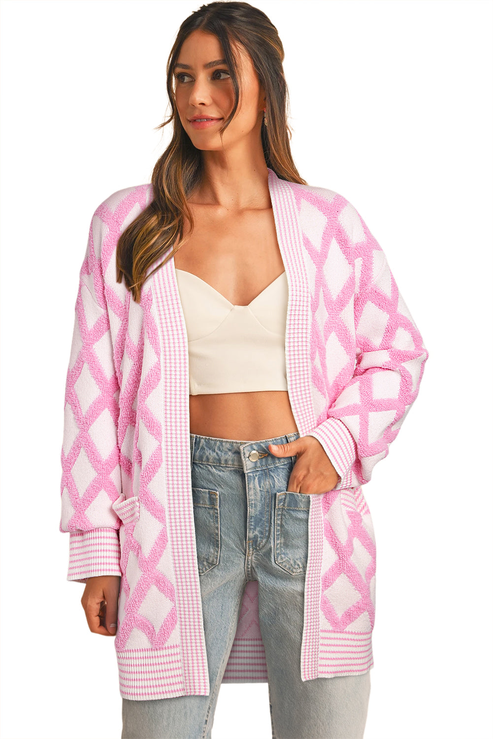 Rhombus Pattern Knit Open Front Pocketed Cardigans | Pink