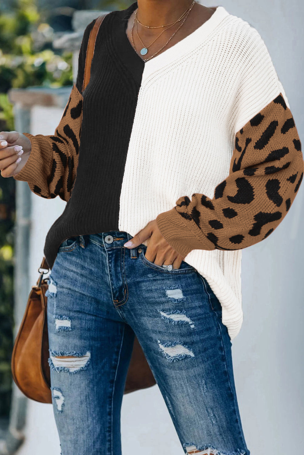 Print Contrast Colour V Neck Sweater | Leopard