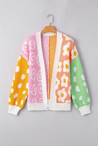 Flower & Dotted Mixed Print Colourblock Open Front Cardigan | Orange