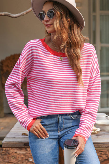 Contrast Trimmed Striped Drop Shoulder Sweater | Pink