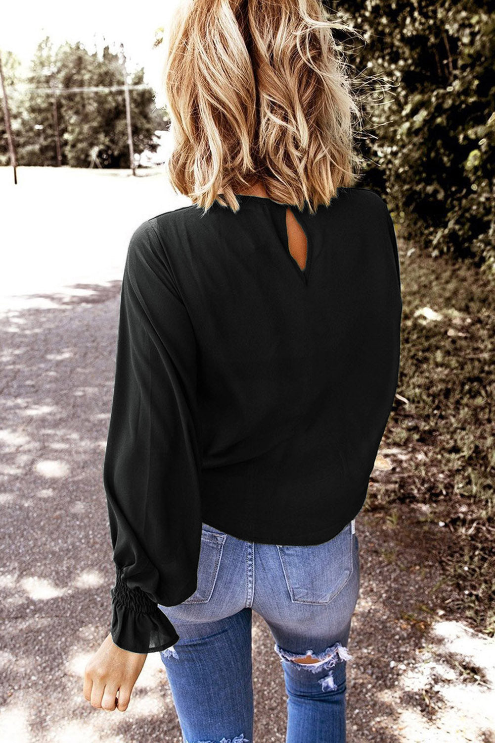 Crew Neck Ruffle Bubble Sleeve Top | Black