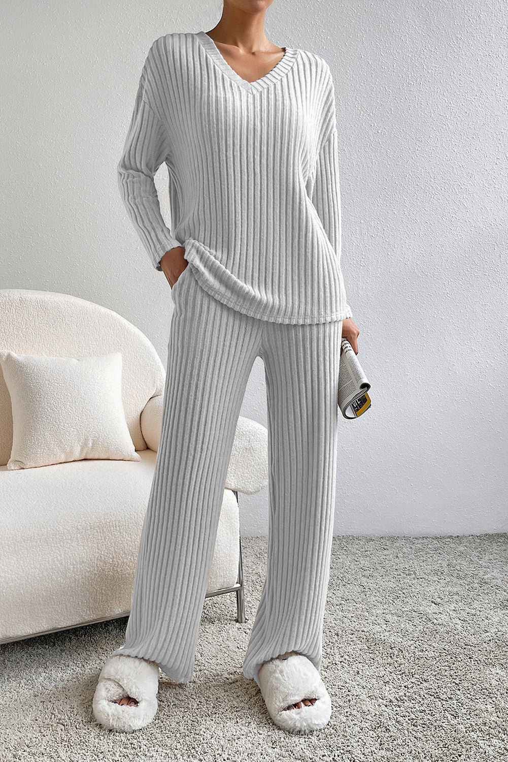 Ribbed Knit V Neck Slouchy Two-Piece Outfit | Light Grey