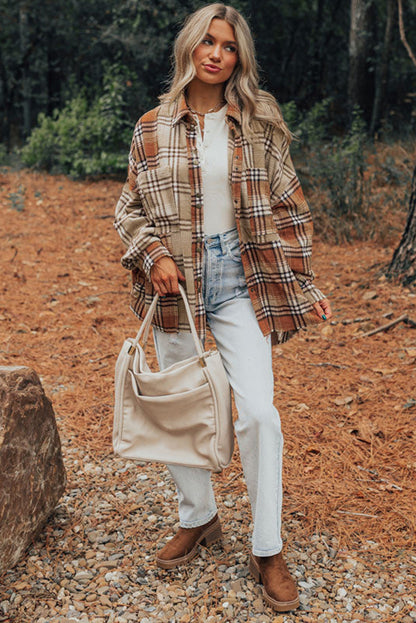 Plaid Colourblock Patchwork High Low Shacket | Khaki