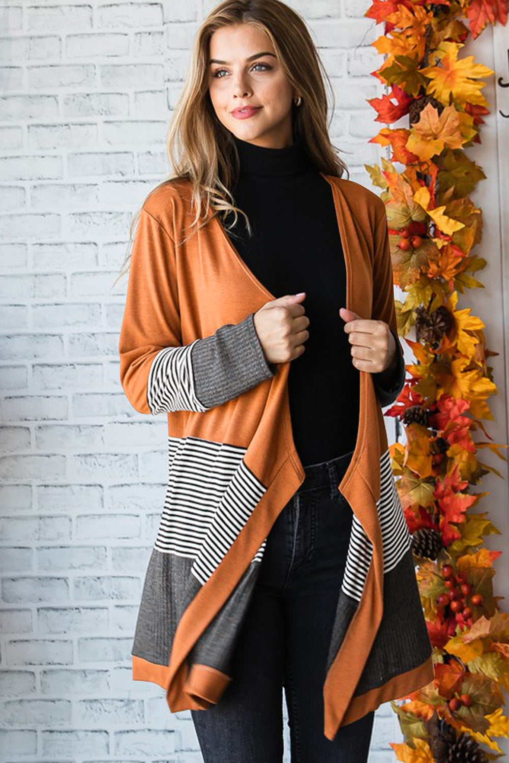 Colourblock Striped Patchwork Open Cardigan | Orange