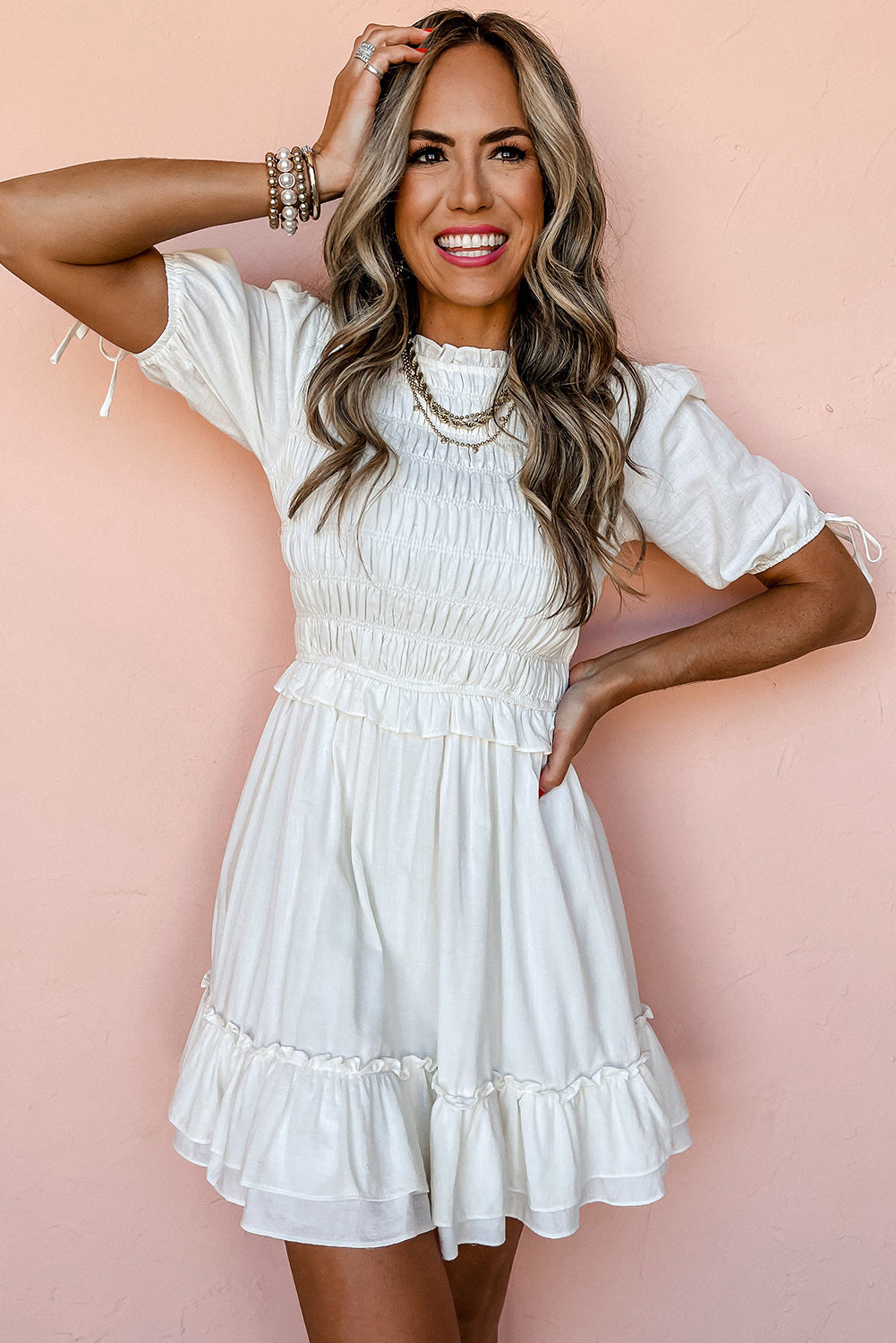 Tie Short Sleeves Smocked Ruffle Mini Dress | White