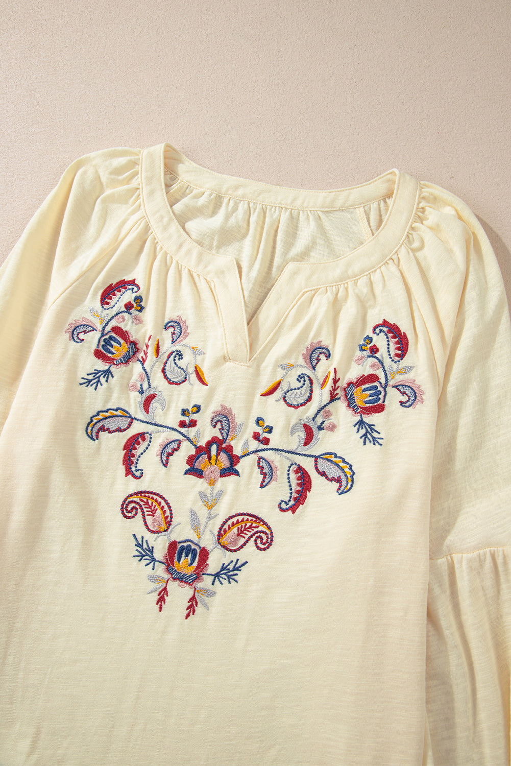 Paisley Floral Embroidered Notch V Neck Blouse | Apricot