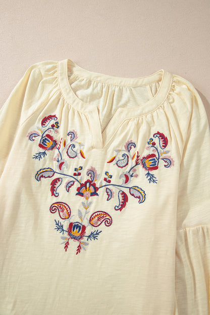 Paisley Floral Embroidered Notch V Neck Blouse | Apricot