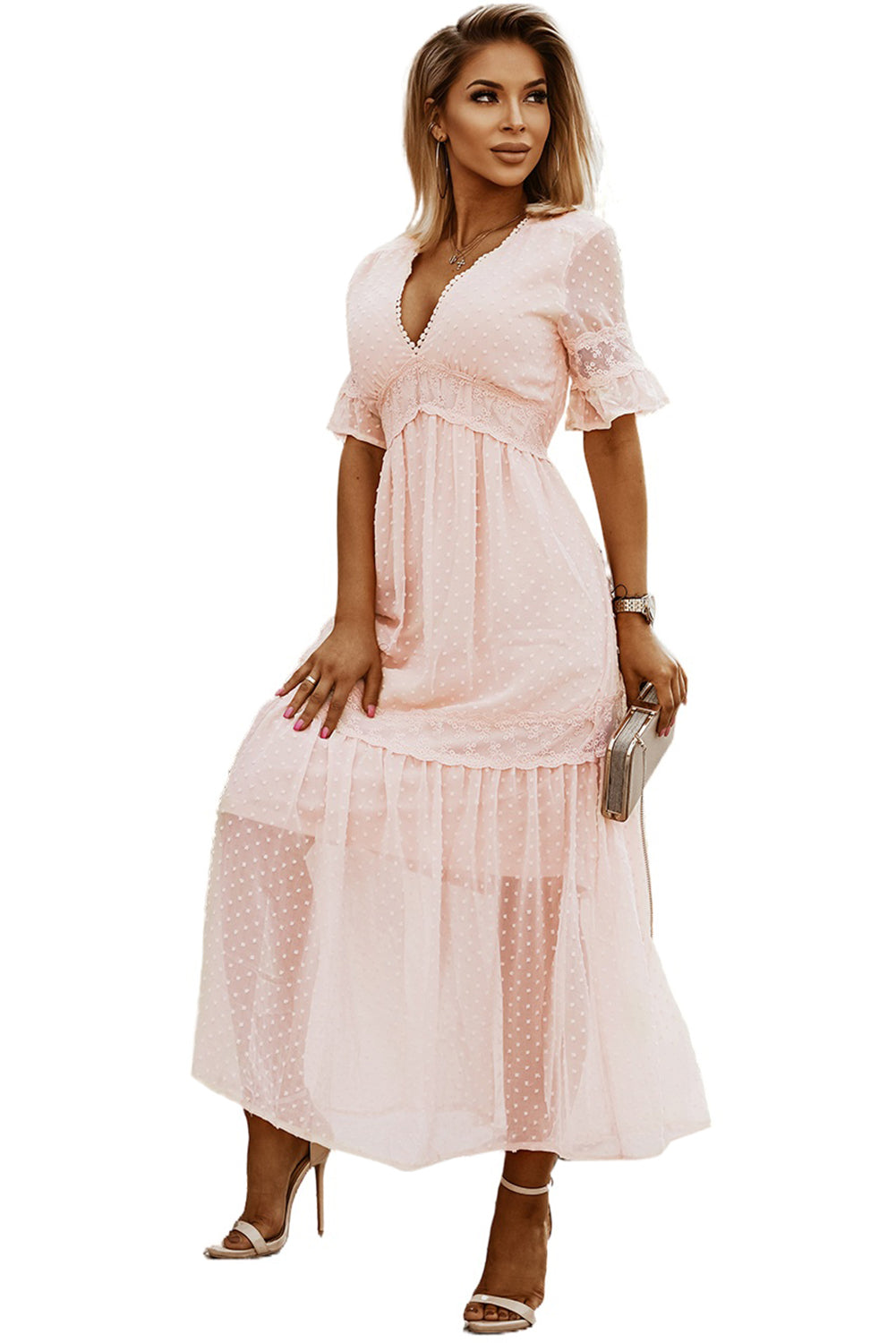 Swiss Dot Lace Trim Maxi Dress | Pink