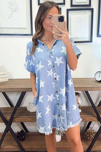 Stars Frayed Hem Collared Short Sleeve Denim Dress | Sky Blue