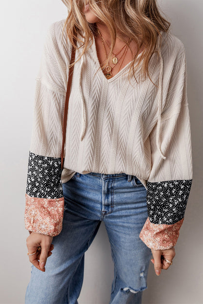 Floral Patchwork Textured Knit Drawstring V Neck Blouse | Beige