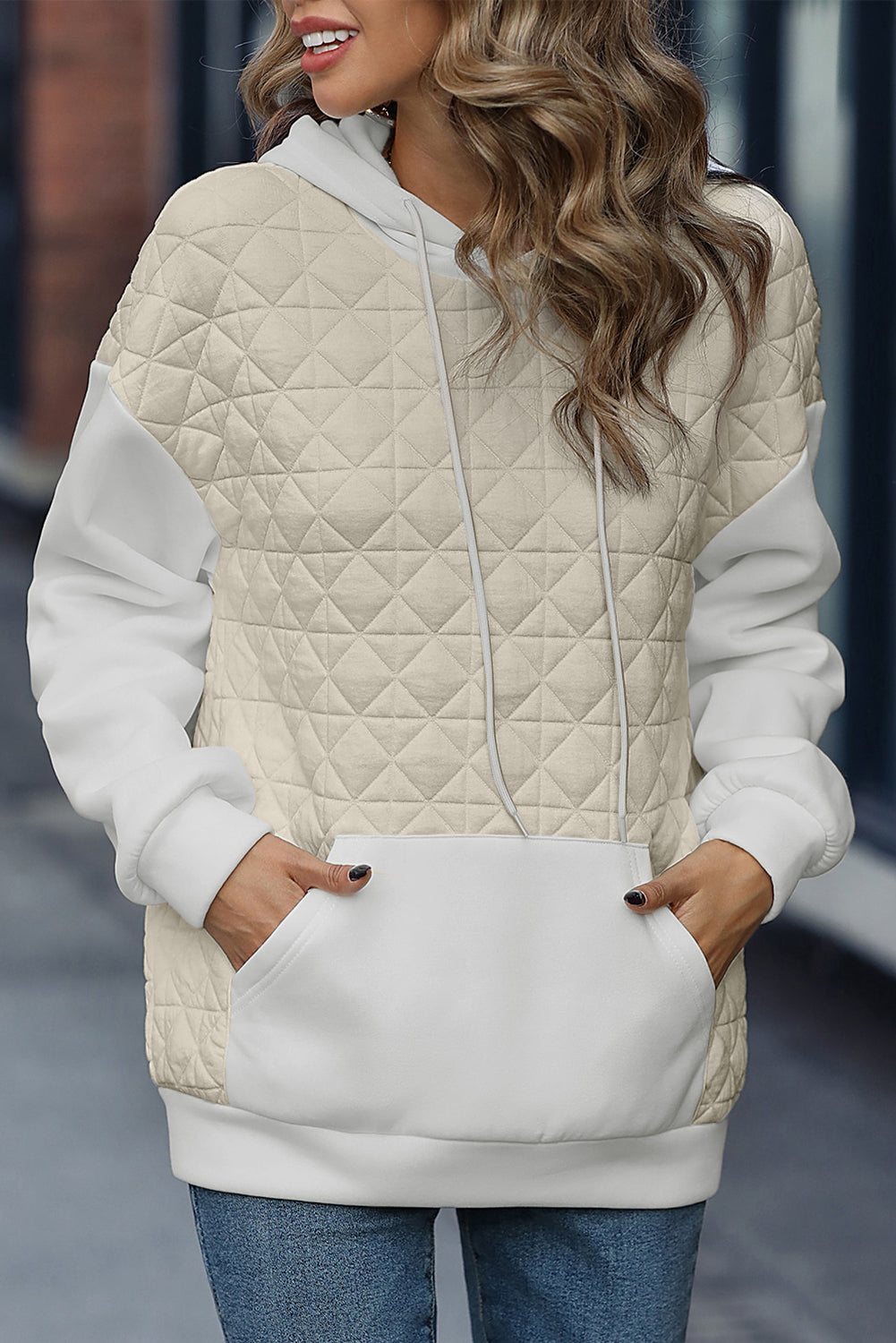 Drop Shoulder Quilted Patchwork Kangaroo Pocket Hoodie | Beige