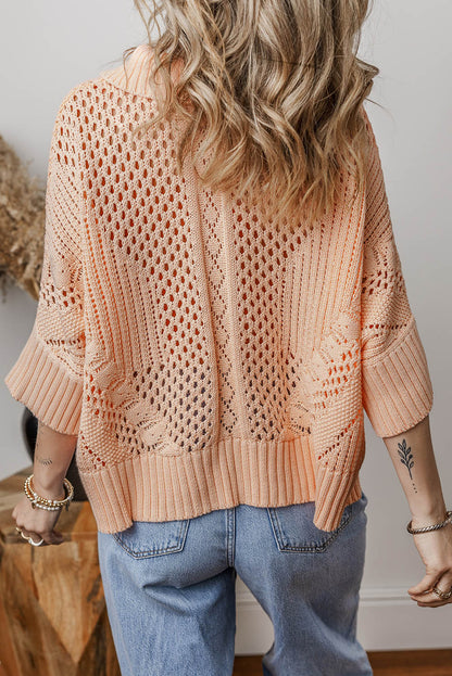 Hollowed Knit 3/4 Dolman Sleeve Buttoned Collared Sweater | Apricot Pink