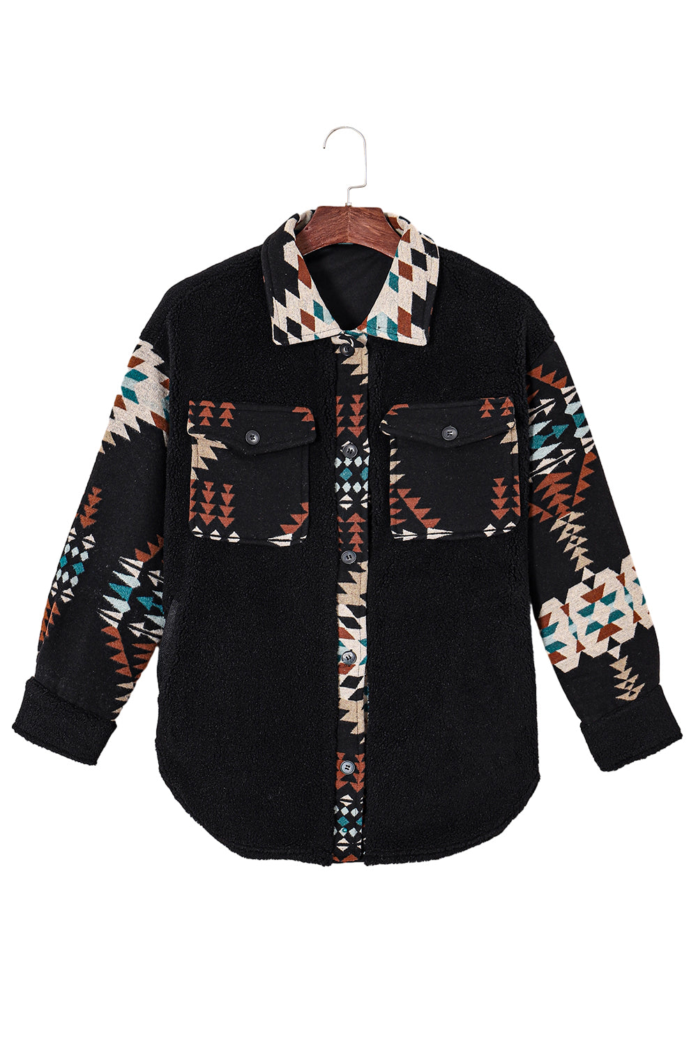 Western Aztec Print Accent Fleece Shacket | Black