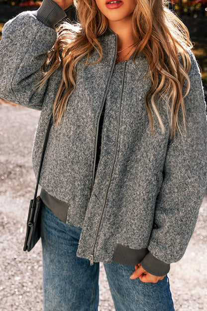 Fuzzy Zip Up Pocketed Sleeve Jacket | Medium Grey