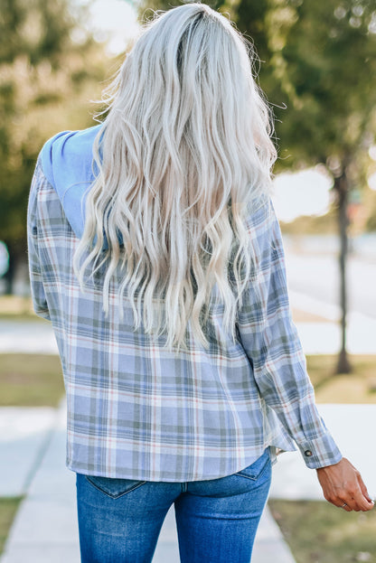 Plaid Print Pocket Drawstring Hooded Jacket | Sky Blue