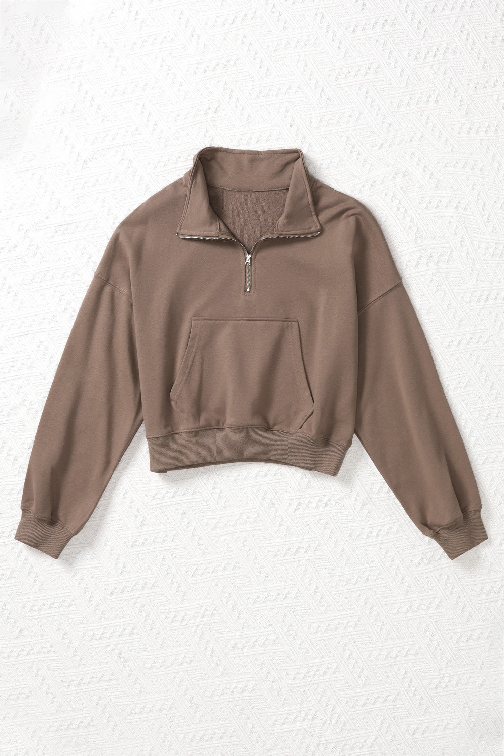 Zipped Turn Down Collar Cropped Sweatshirt With Pocket | Brown