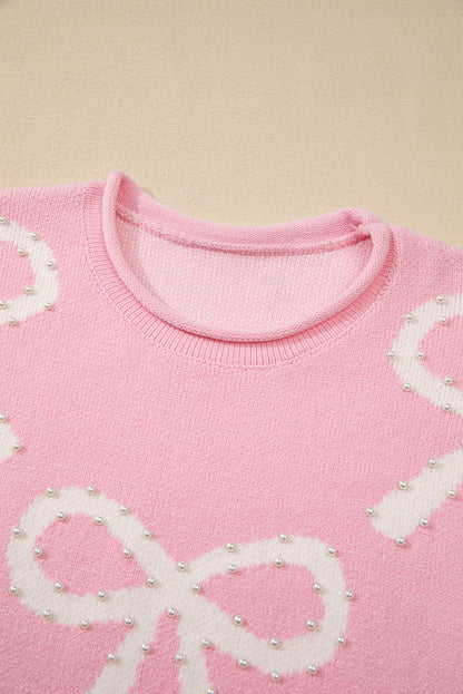 Pearl Beaded Bowknot Pattern Distressed Split Hem Sweater | Pink