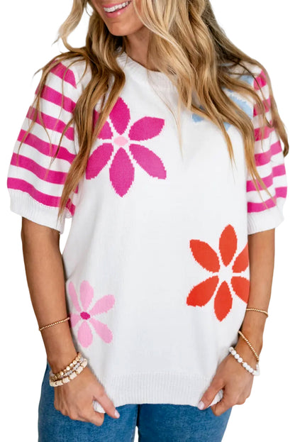 Floral Pattern Striped Sleeve Sweater T Shirt | White