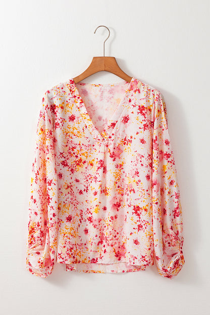 Ditsy Floral Bubble Sleeve V Neck Blouse | Pink