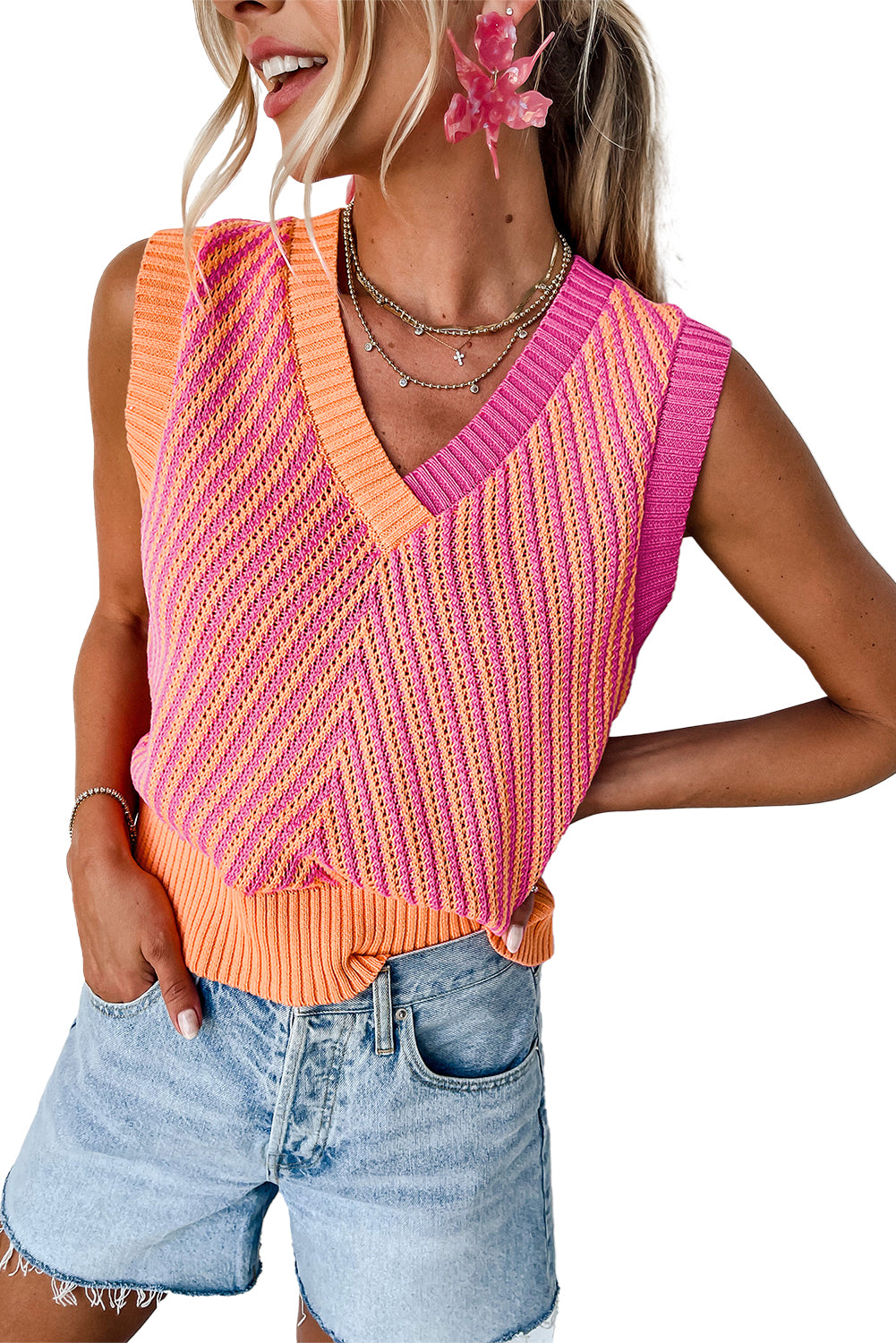 Contrast Chevron Knit V Neck Sweater Vest | Strawberry Pink