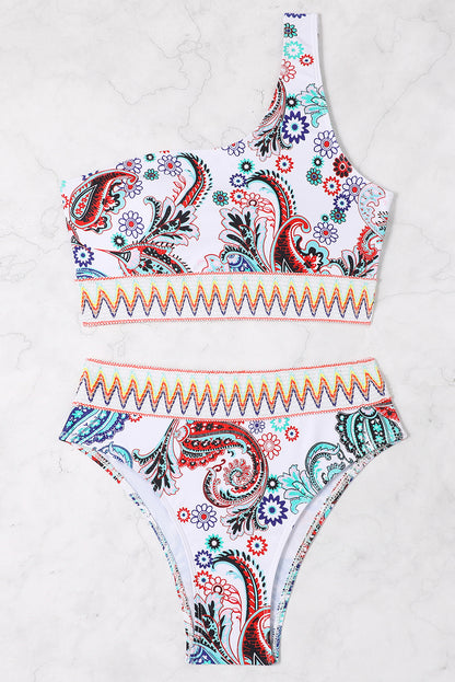 Boho Paisley Contrast Trimmed One-Shoulder Bikini | White