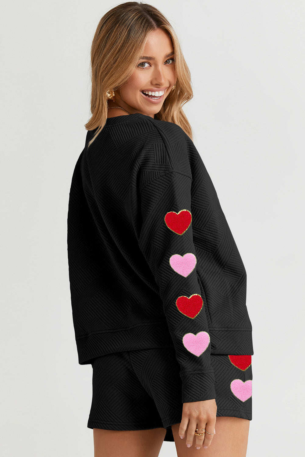 Heart Patch Long Sleeve Top And Shorts Textured 2Pcs Set | Black