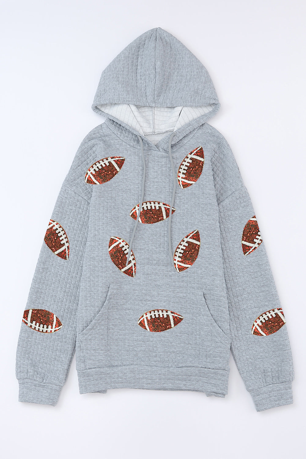 Sequin Rugby Football Waffle Knit Kangaroo Pocket Loose Hoodie | Gray