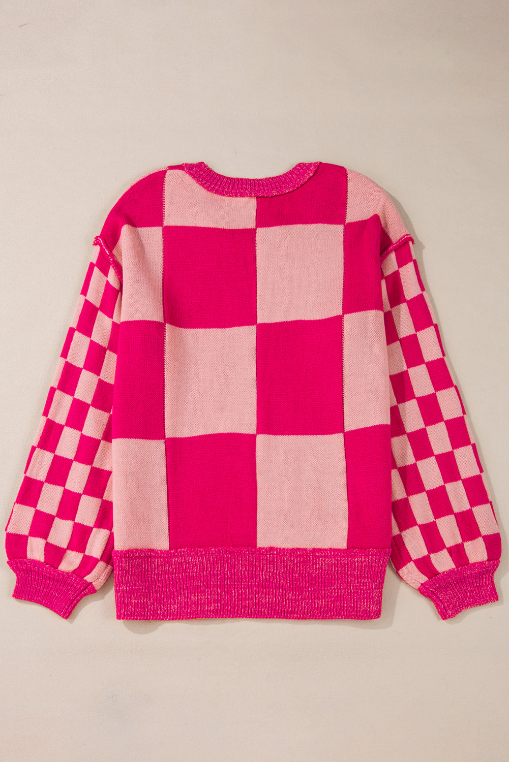 Mixed Checkered Pattern Drop Shoulder Loose Sweater | Rose Red