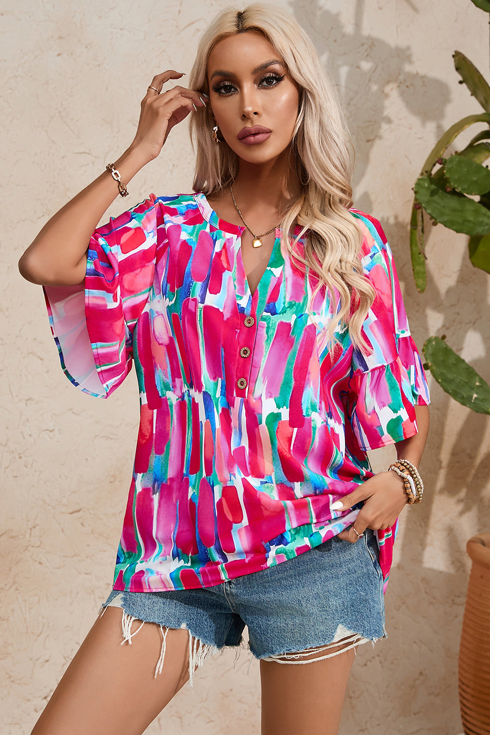 Abstract Brushwork Print Buttoned V Neck Blouse | Rose