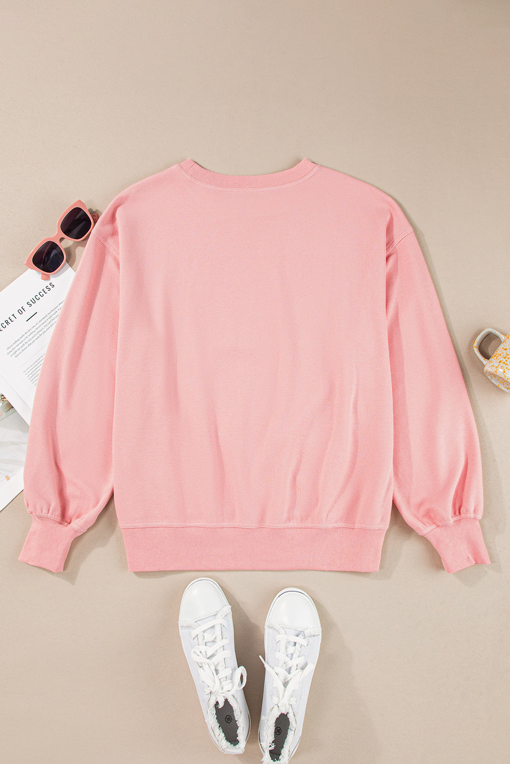 Loose Drop Shoulder Ribbed Sweatshirt | Pink