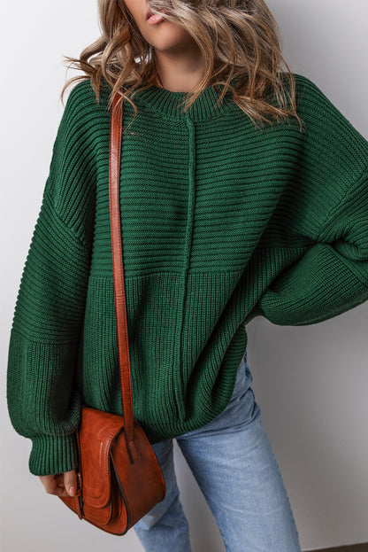 Textured Knit Crewneck Lantern Sleeve Sweater | Blackish Green