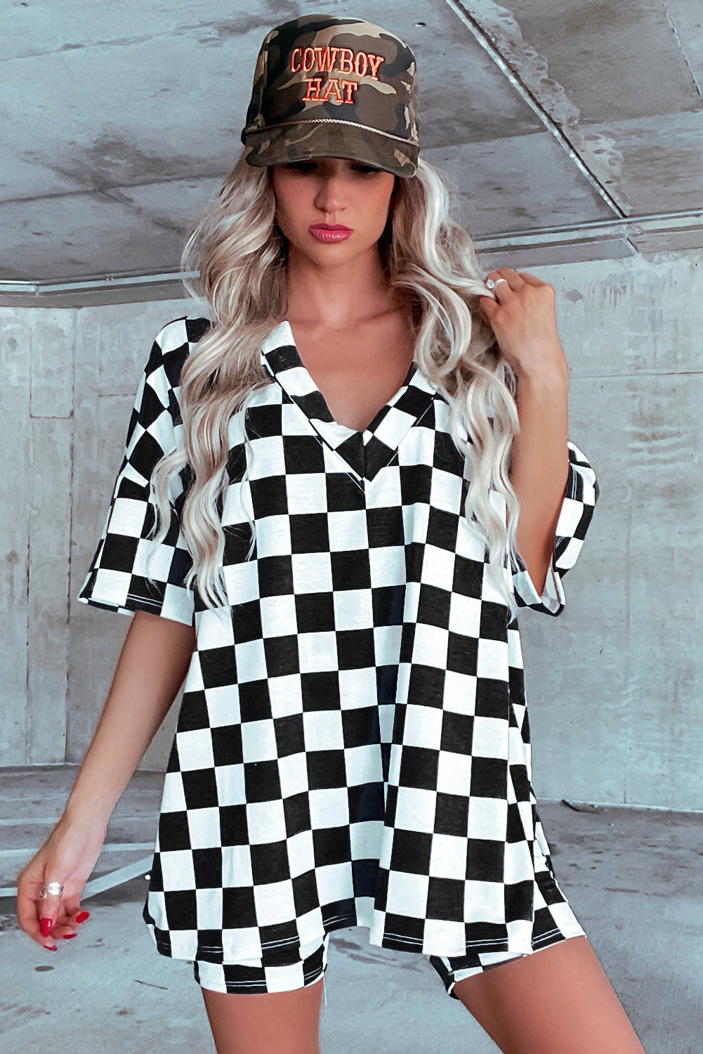 Checkerboard Print V Neck Loose Tee And Shorts Lounge Set | Black