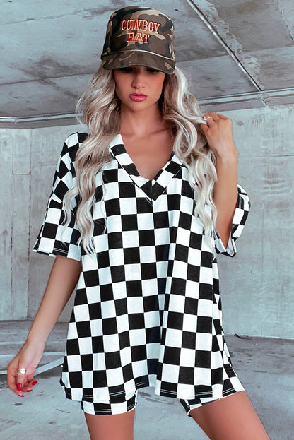 Checkerboard Print V Neck Loose Tee And Shorts Lounge Set | Black