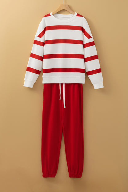 Drop Shoulder Pullover And Jogger Pants Set | Red Stripe