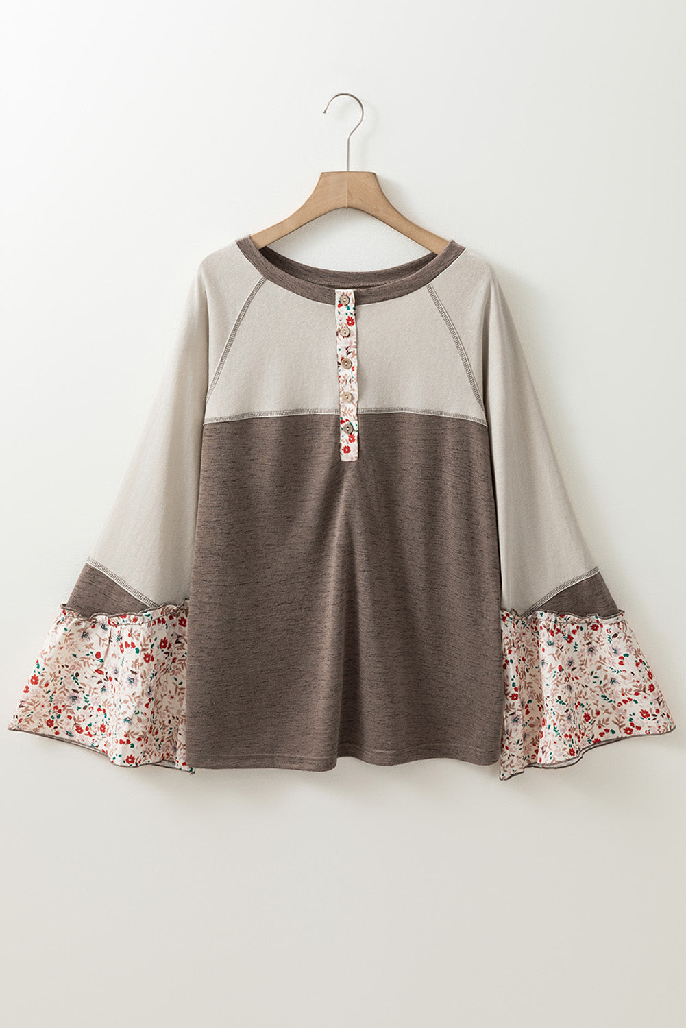 Colourblock Floral Patchwork Flared Sleeve Buttons Henley Top | Goat