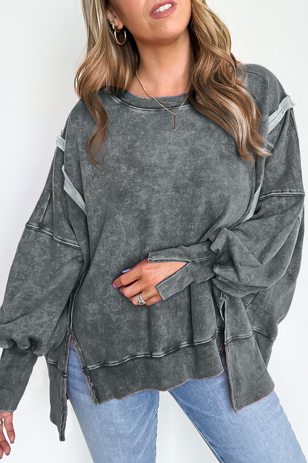 Acid Wash Relaxed Fit Seamed Pullover Sweatshirt With Slits | Gray