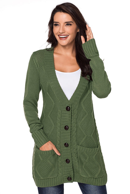 Front Pocket And Buttons Closure Cardigan | Green