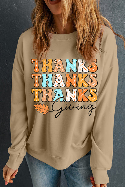 Thanks Giving Leaves Printed Drop Shoulder Sweatshirt | Khaki