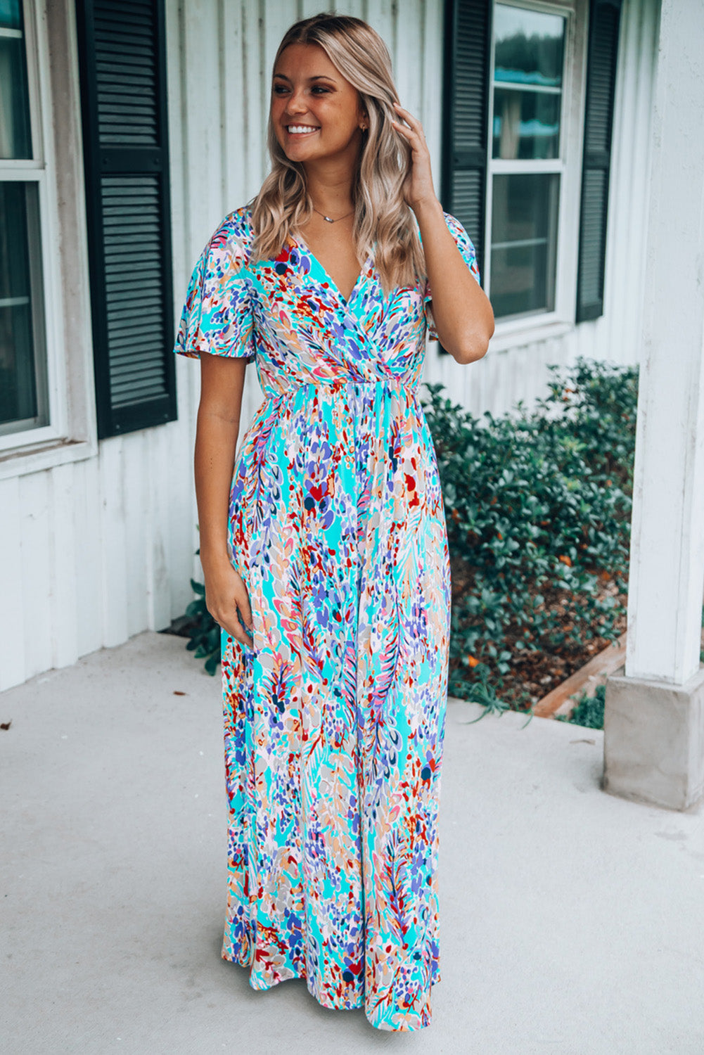 Wrap V Neck Floral Maxi Dress | Green