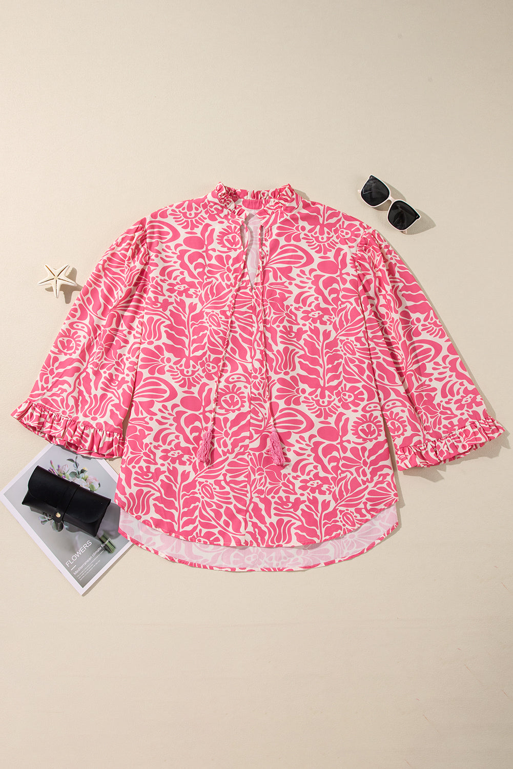 Plus Size Floral Print Frilled Neck Puff Sleeve Top | Pink