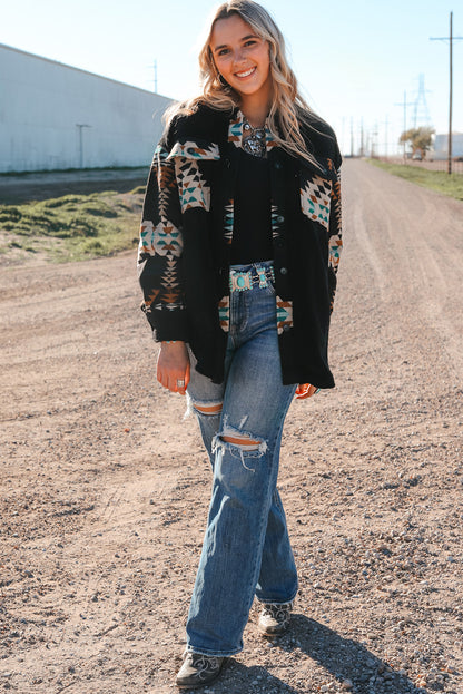 Western Aztec Print Accent Fleece Shacket | Black