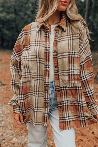 Plaid Colourblock Patchwork High Low Shacket | Khaki