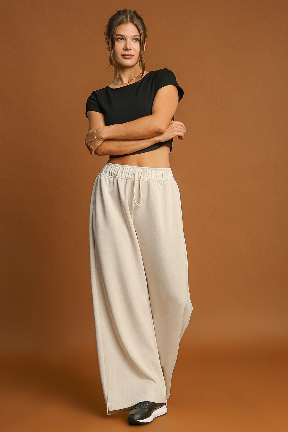 Loop Drawstring Casual Wide Leg Pants | Apricot