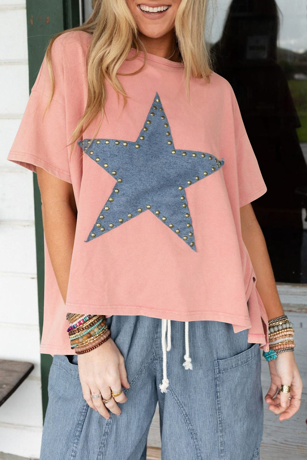 Apricot Pink Mineral Wash Studded Star Patch Graphic High Low Tee