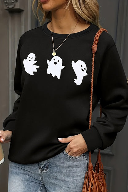 Halloween Ghosts Print Round Neck Sweatshirt | Black