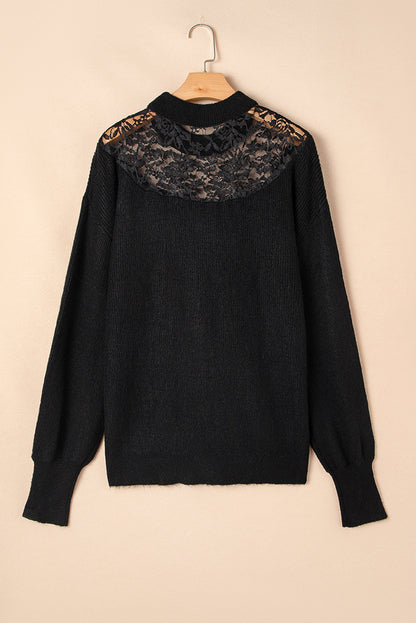 Plus Size Ribbed Knit Lace Splicing High Neck Sweater | Black