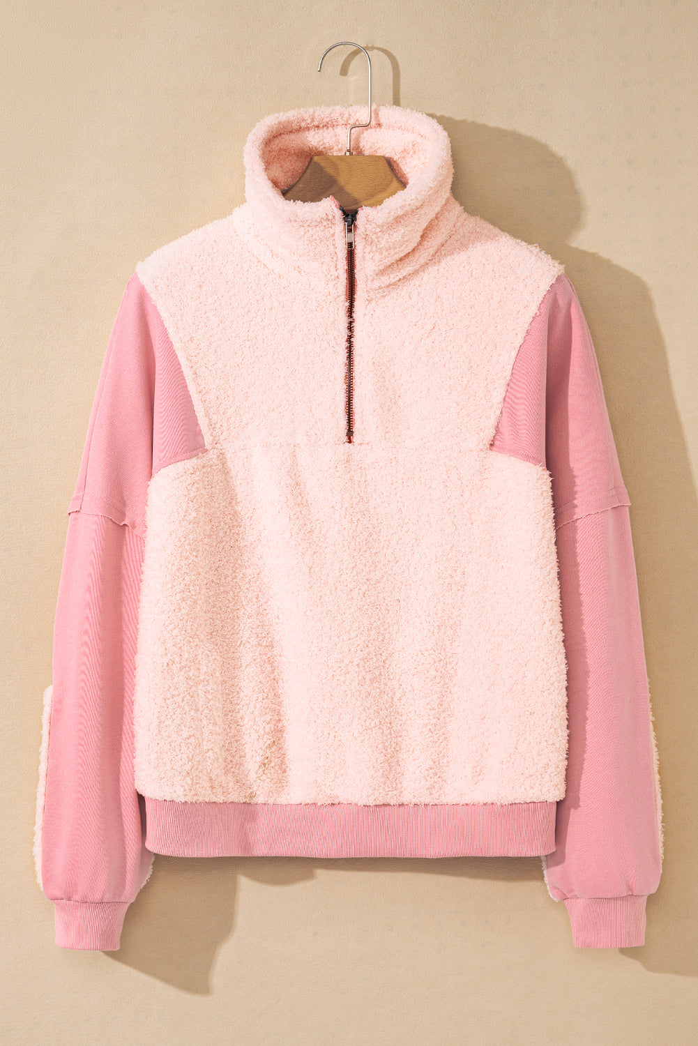 Exposed Seam Fuzzy Patchwork Zip Neck Sweatshirt | Pink