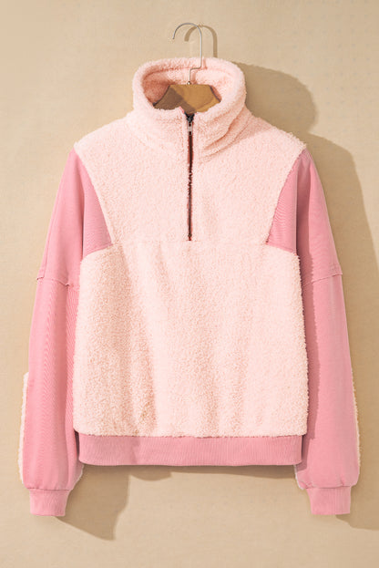 Exposed Seam Fuzzy Patchwork Zip Neck Sweatshirt | Pink